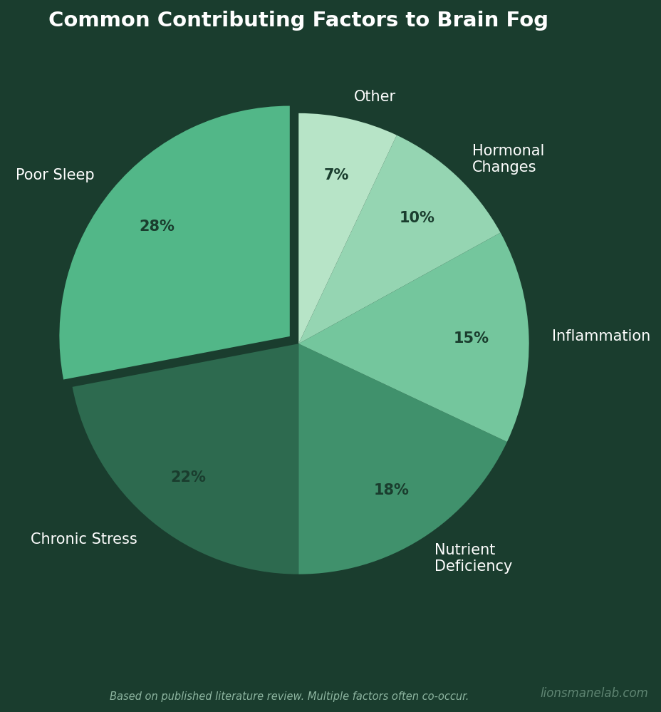 Pie chart showing common causes of brain fog including chronic stress, poor sleep, inflammation, and nutritional deficiencies